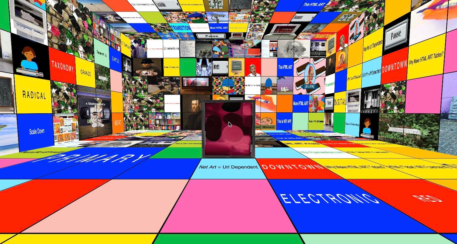 Standing inside a room whose walls, ceiling and floor are entirely covered in fragments of HTML artworks, with a dark pink sculpture in the centre