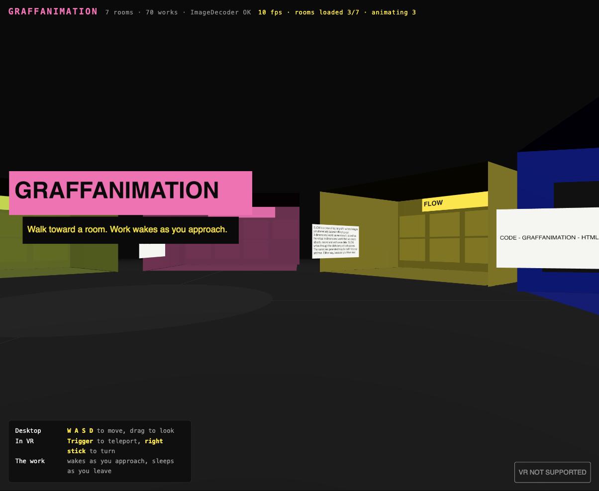 A dark 3D space with a pink GRAFFANIMATION sign at the center and colored rooms arranged around it