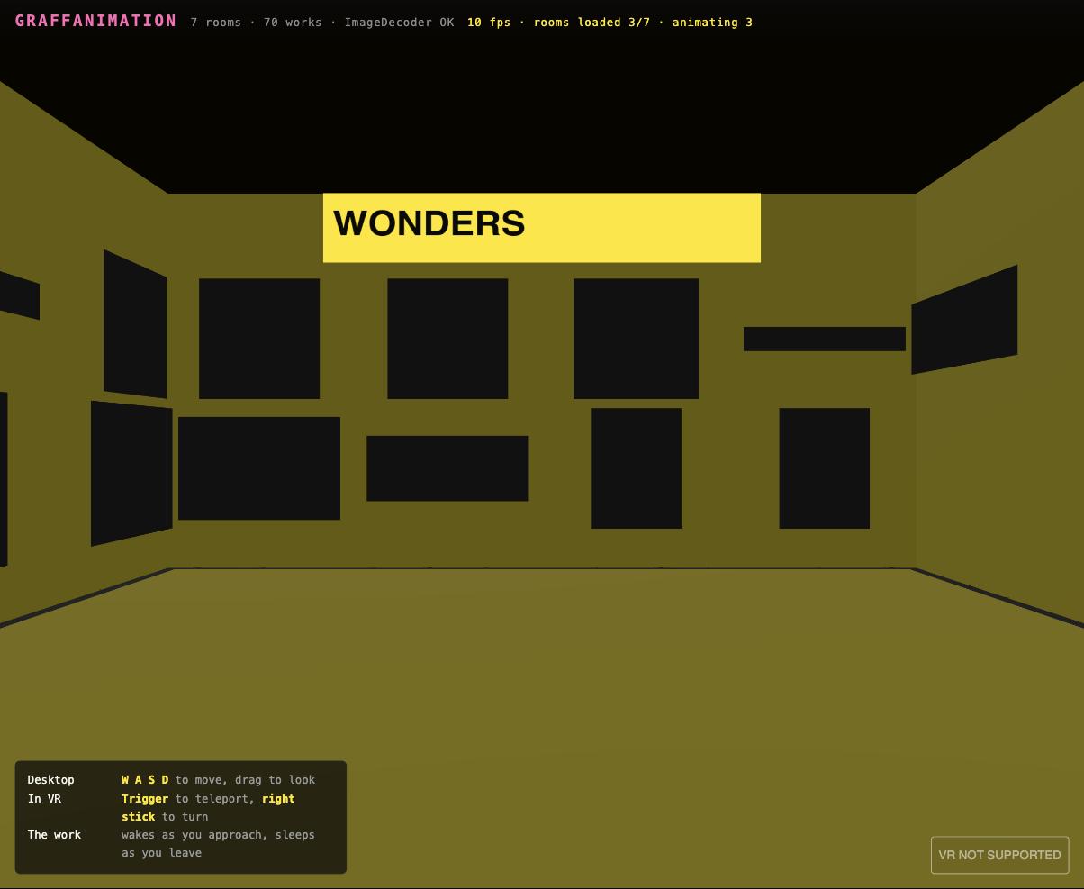 A yellow 3D room titled WONDERS with fifteen black rectangles on the walls