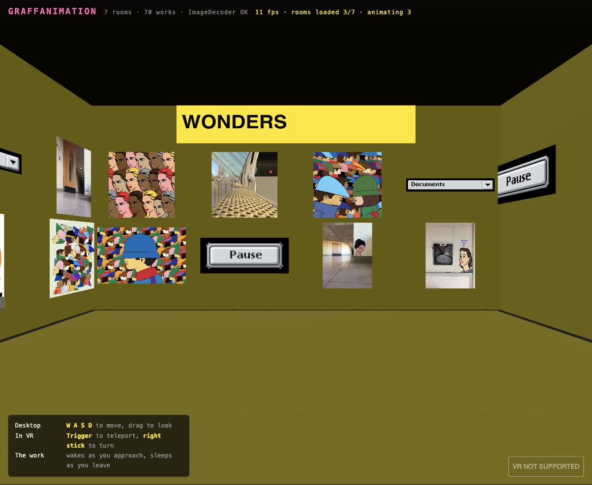 The same room with all fifteen artworks now visible, crowd faces, Pause buttons, corridors