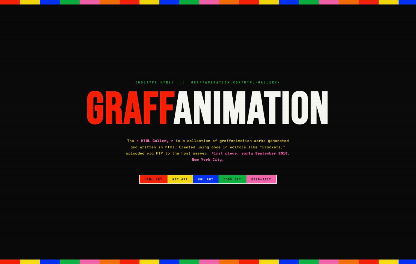 The GRAFFANIMATION HTML Gallery homepage, red and white type on black with colored bars