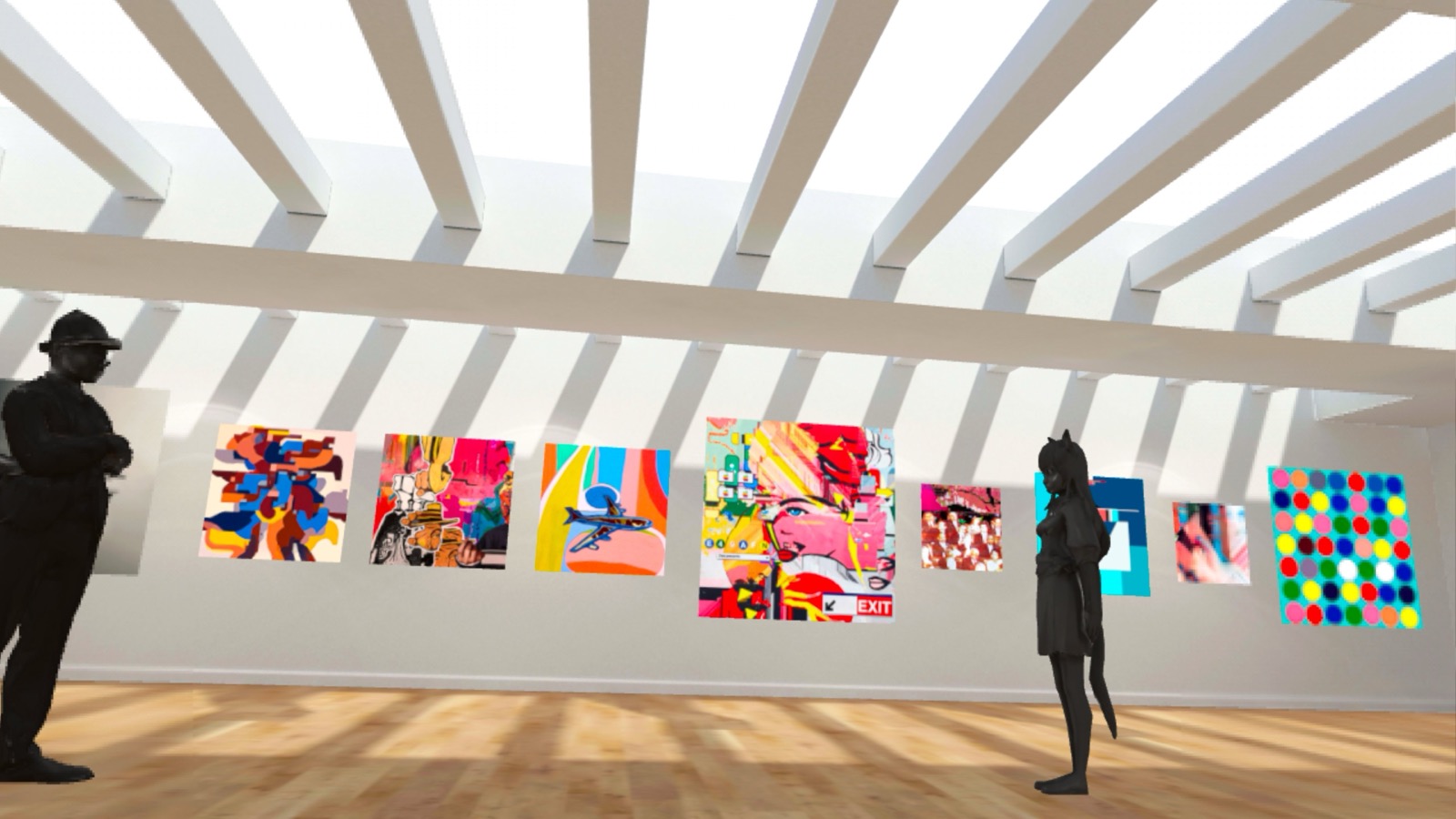 A bright white virtual gallery with colorful works along the wall and two dark avatar figures