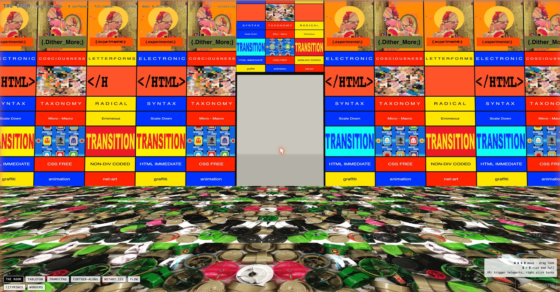 Looking at a wall of tiled HTML art panels with a rectangular doorway cut through it showing daylight outside