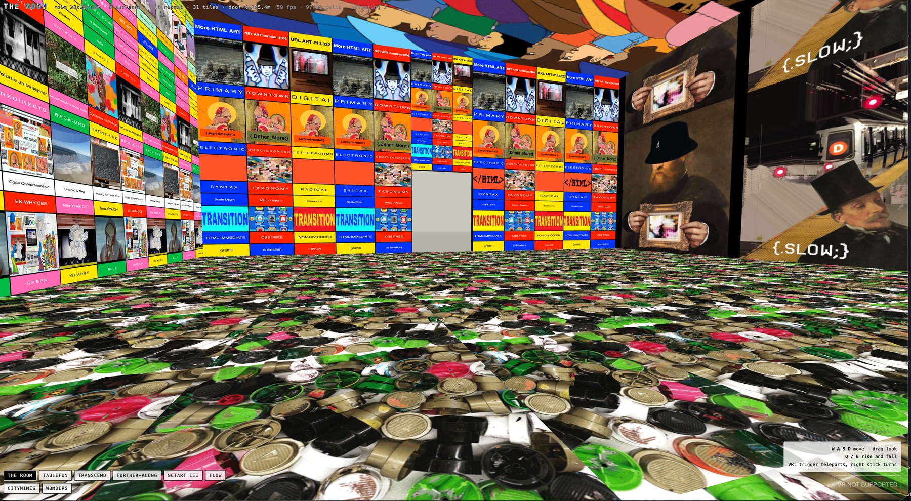 Interior of a virtual room whose walls, ceiling and floor are all covered edge to edge in colourful HTML art panels