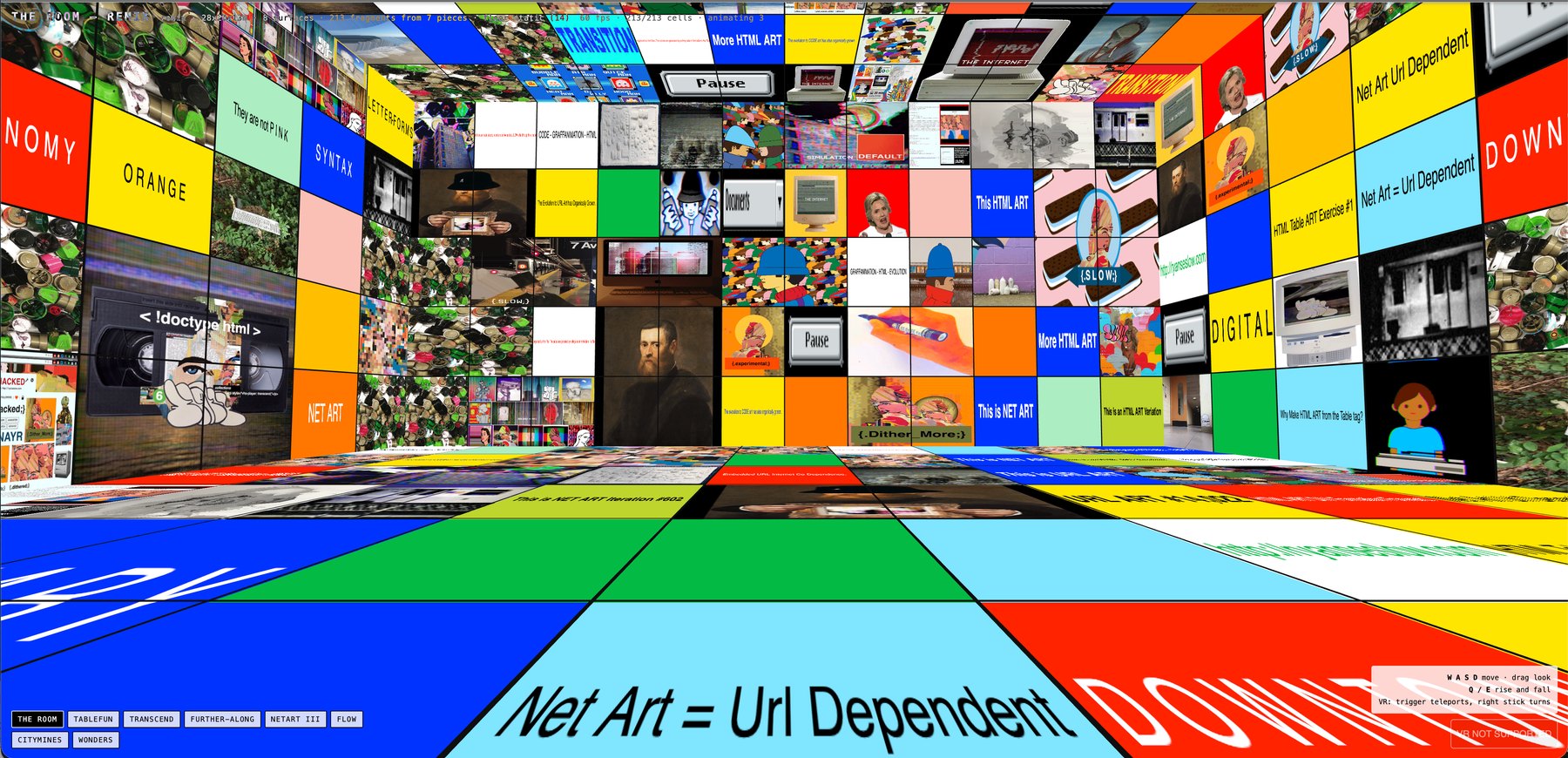 A virtual room whose every surface is a dense collage of fragments from seven different HTML artworks, with a calm flat-coloured floor