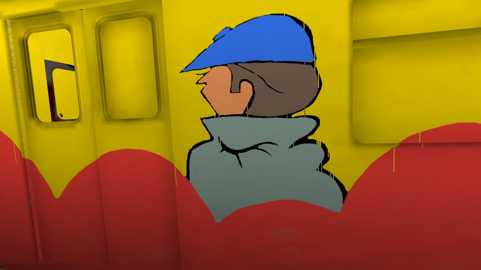 A character in a blue cap and grey collar painted across a yellow subway car panel