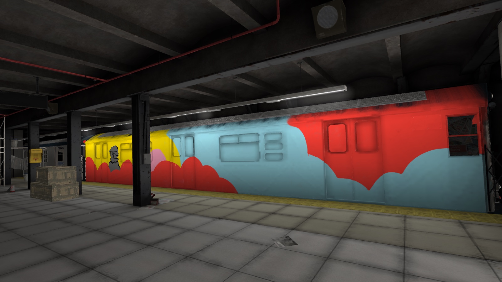 A subway car on a platform painted end to end in red, pale blue and yellow with a small figure near the front