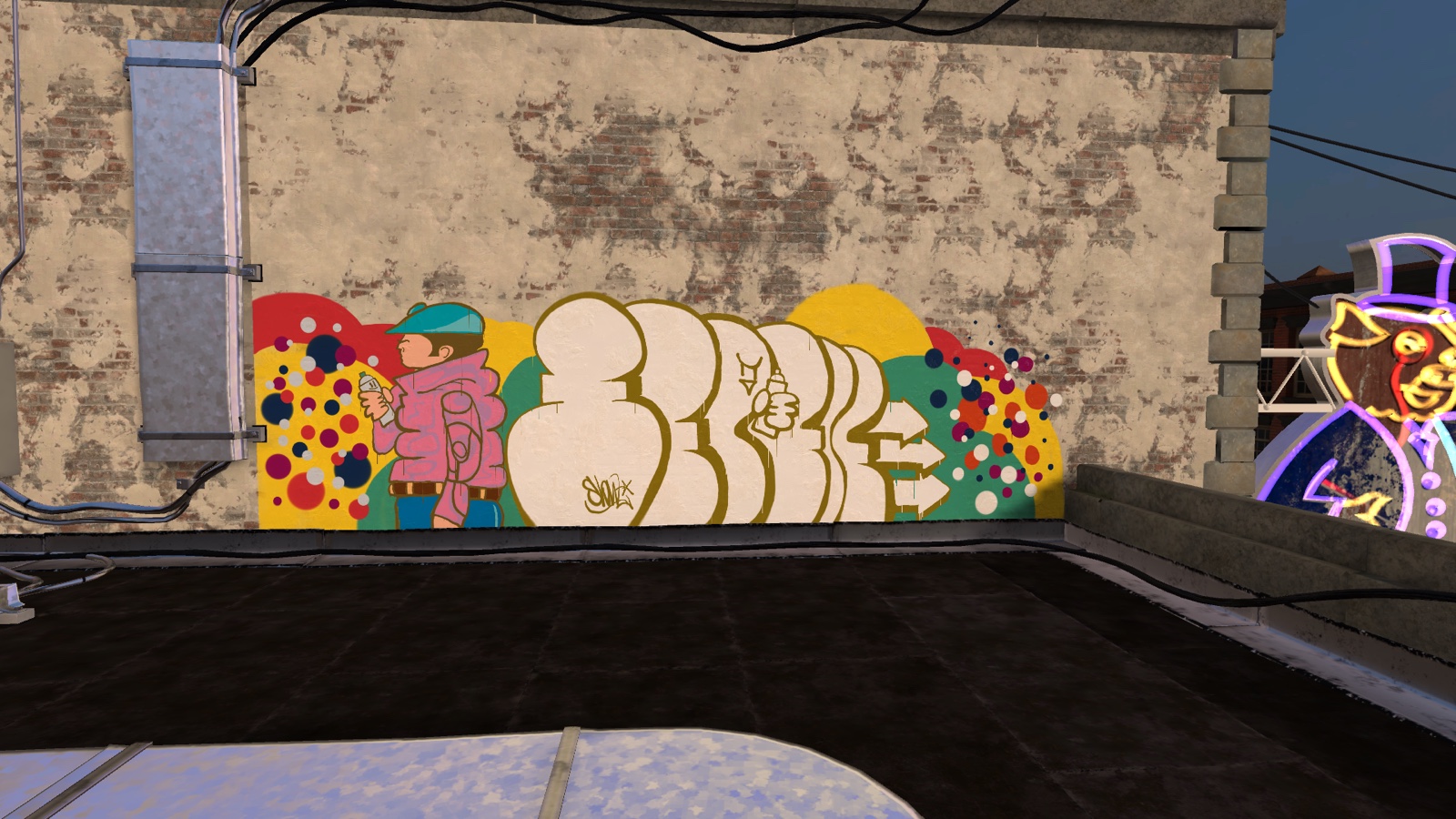 A rooftop wall painted with cream and gold throwie letters, a character in a pink puffer jacket, red yellow and green color fields