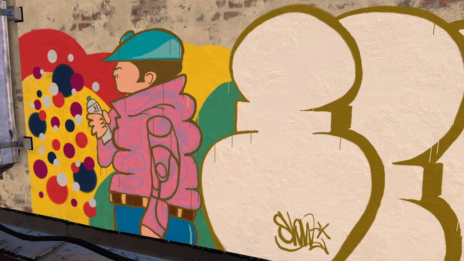 Close view of a character in a pink puffer coat and teal cap holding a spray can beside gold outlined letters