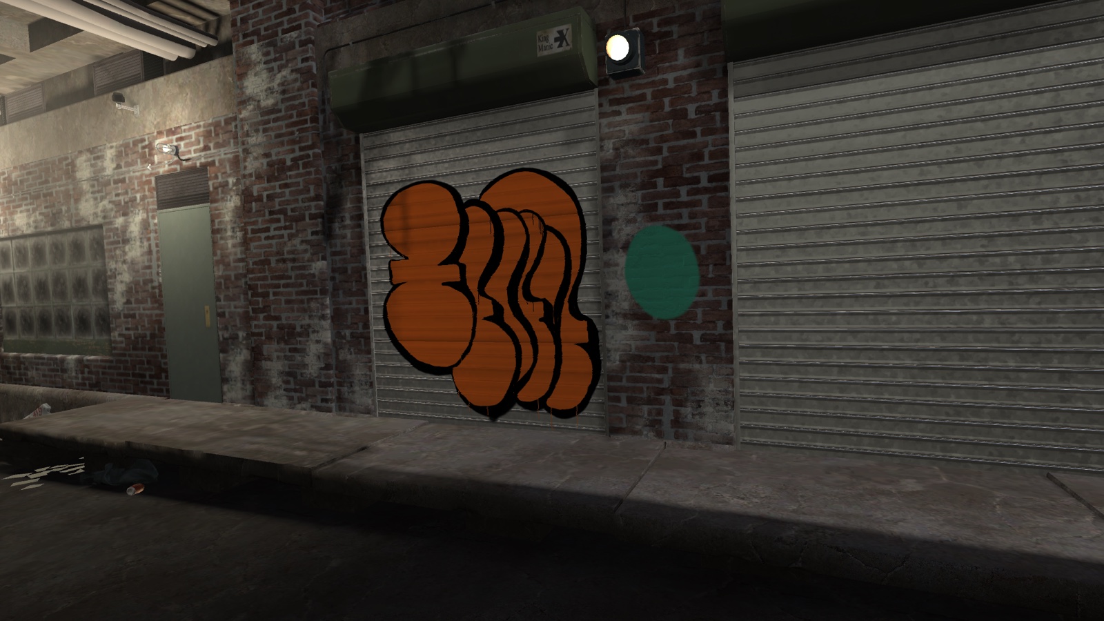 An orange throwie with black outline on a metal shutter in a dark brick alleyway